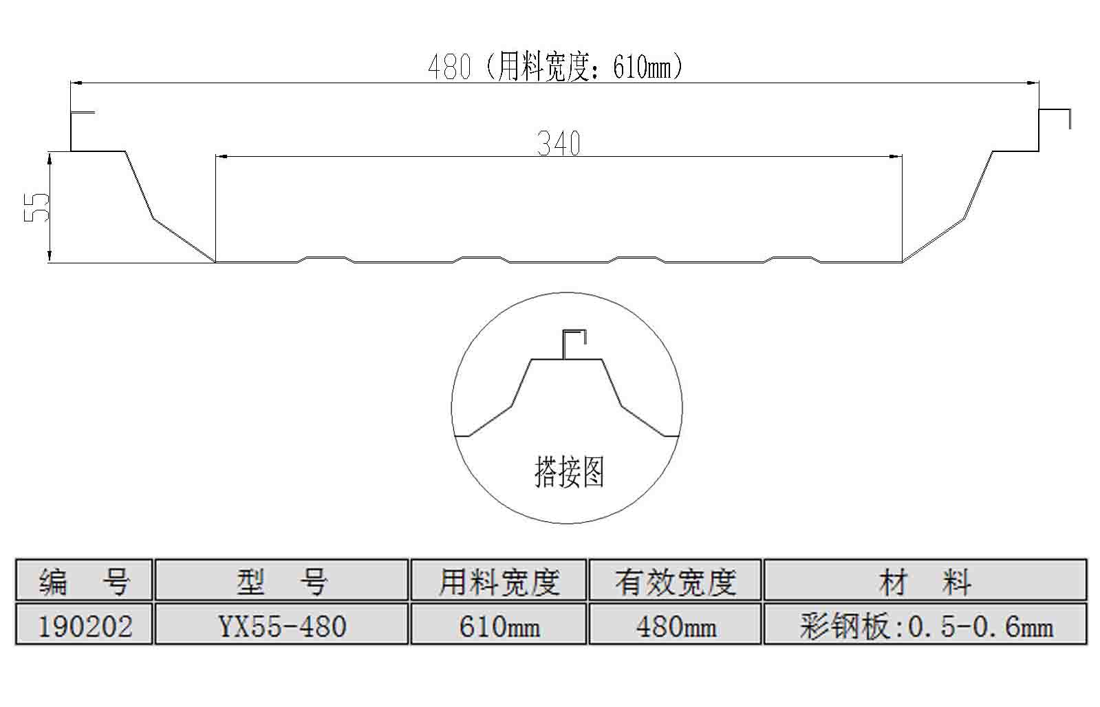 YX55-480型隐藏式屋面板<br>（用料宽度：610mm）