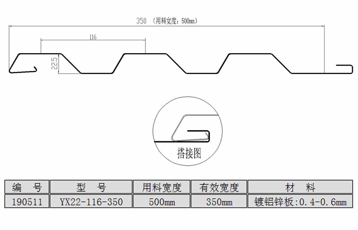 YX22-116-350型隐藏式屋面墙面板<br>（用料宽度：500mm）