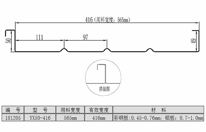 YX50-416型隐藏式屋面板<br>（用料宽度：565mm）